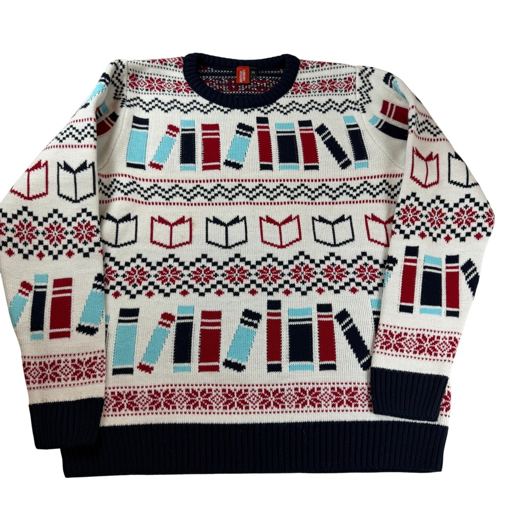 British Library Book Fair Isle Knit Sweater Ivory Red Navy Blue Medium UK Made